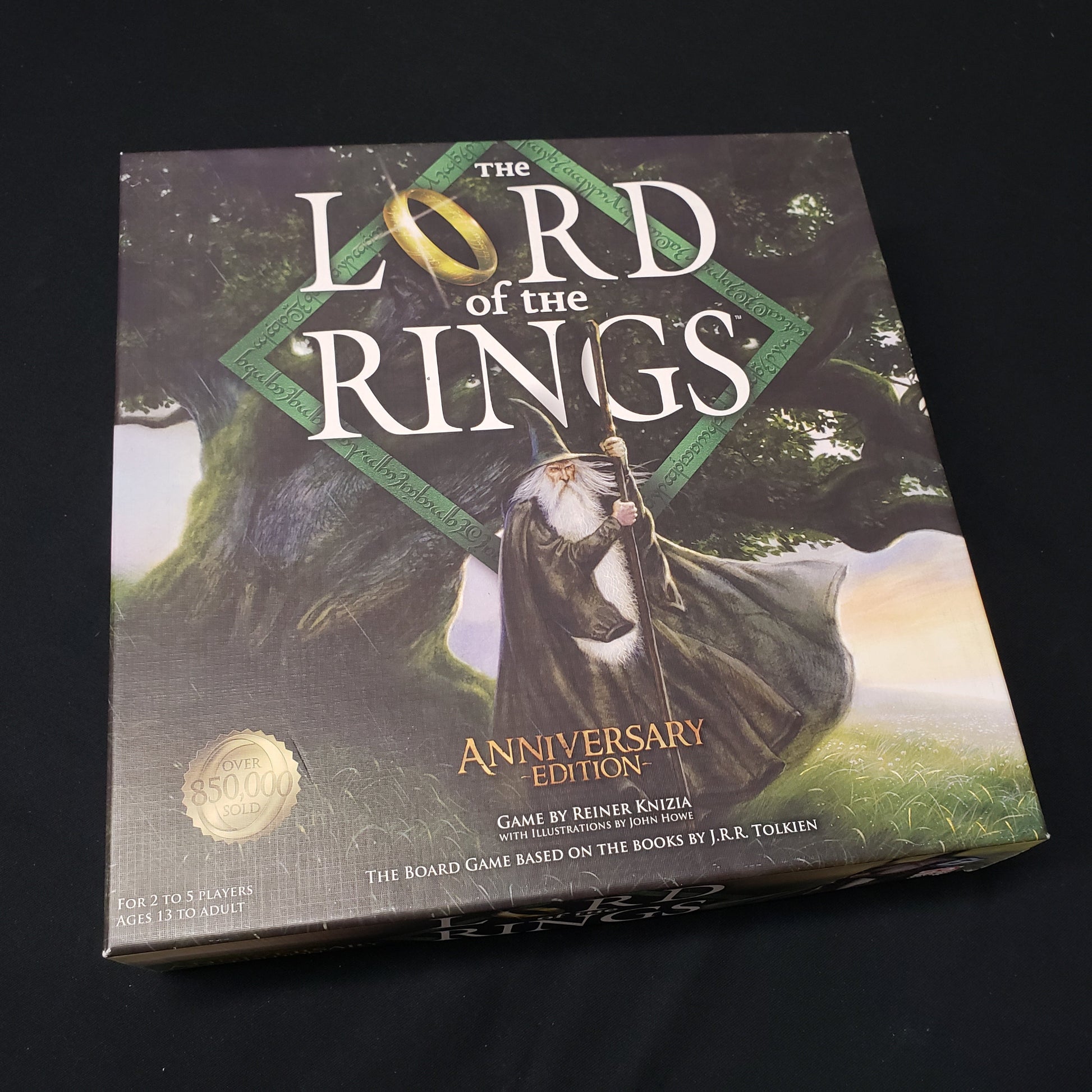 Image shows the front cover of the Anniversary Edition box of the Lord of the Rings board game