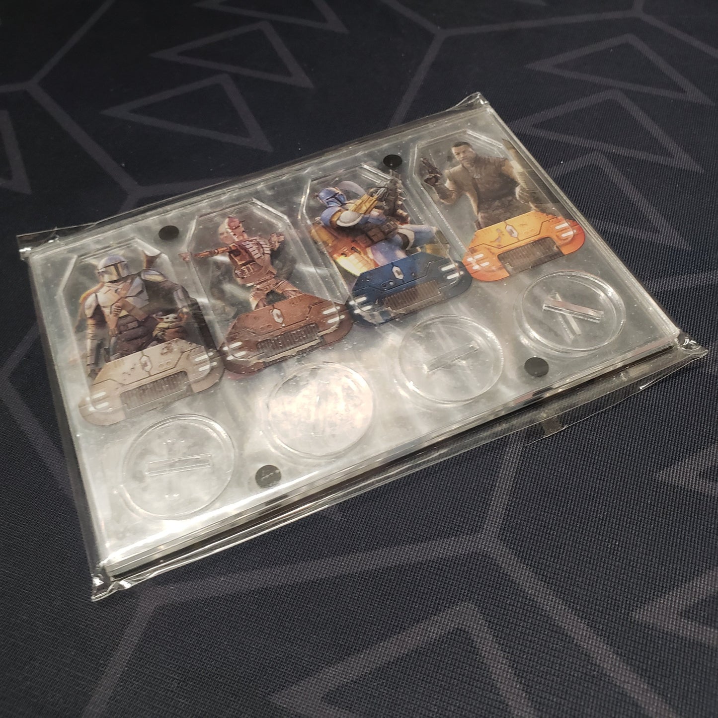 Image shows the front of the package for the Acrylic Standees Promos for the board game The Mandalorian Adventures