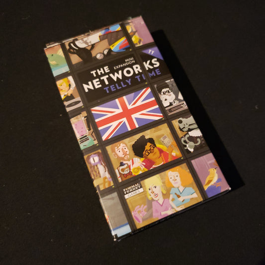 Image shows the front cover of the box of the Telly Time expansion for the board game The Networks