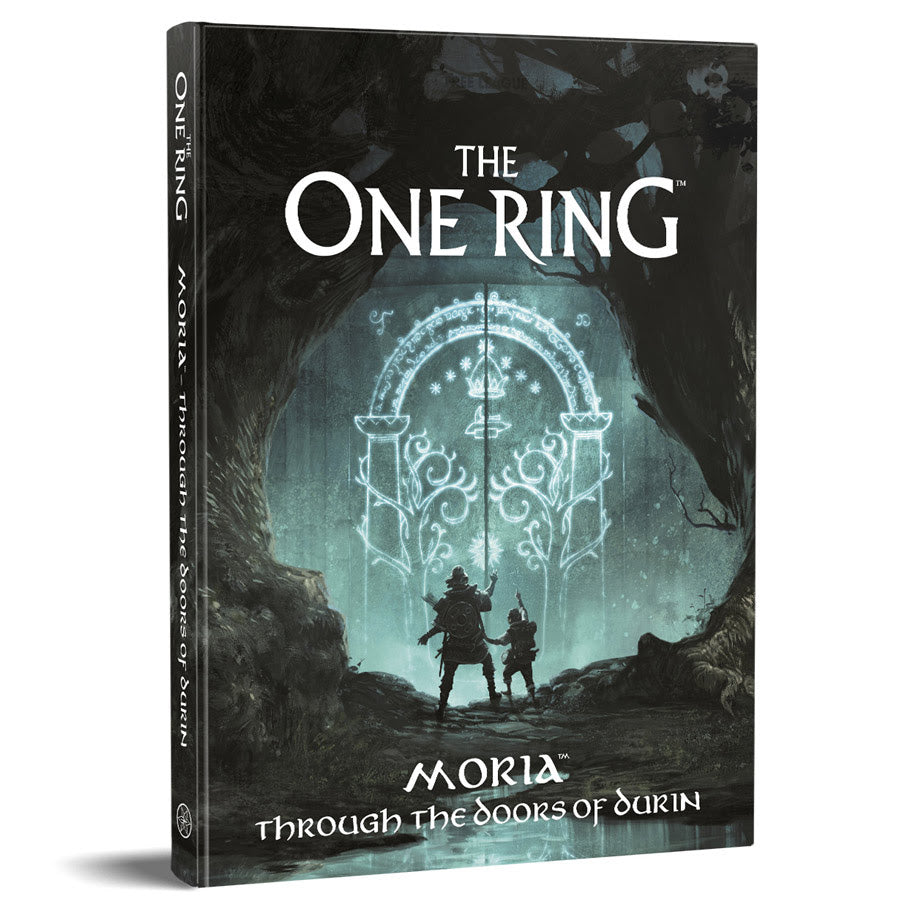 Image shows the front cover of the Moria: Through the Doors of Durin book for the One Ring roleplaying game
