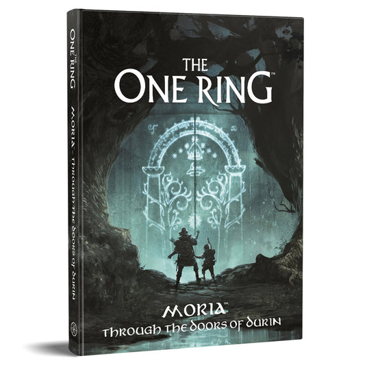 Image shows the front cover of the Moria: Through the Doors of Durin book for the One Ring roleplaying game