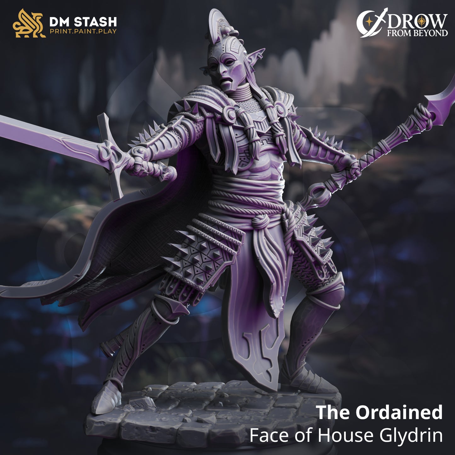 Image shows a 3D render of a drow gladiator gaming miniature.