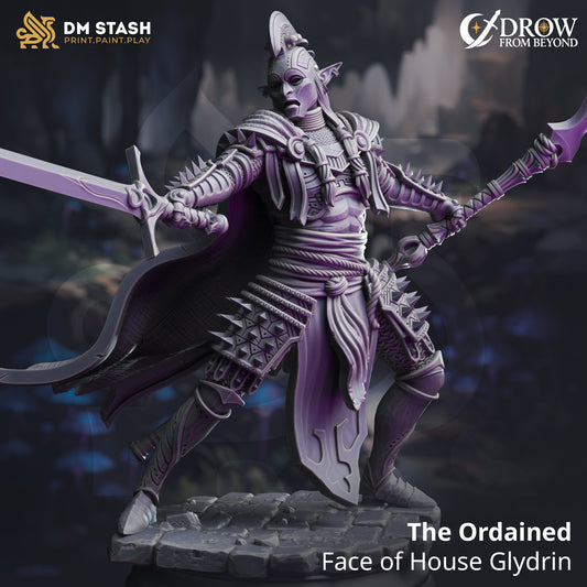 Image shows a 3D render of a drow gladiator gaming miniature.