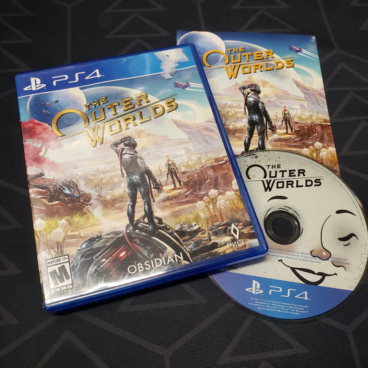 Image shows the case, manual and disc for the video game The Outer Worlds for Playstation 4