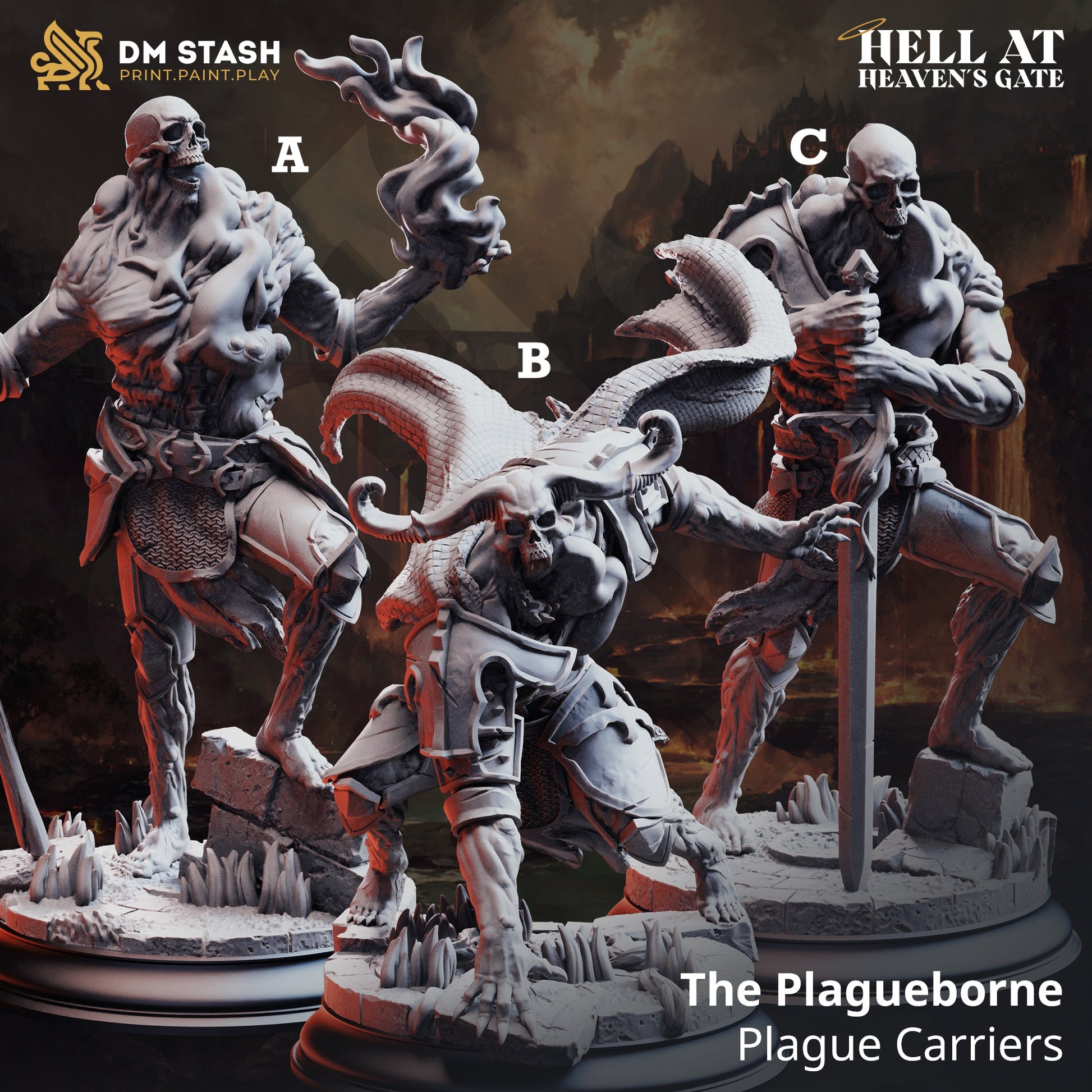 Image shows 3D renders for three different sculpt options of a undead warrior gaming miniature.