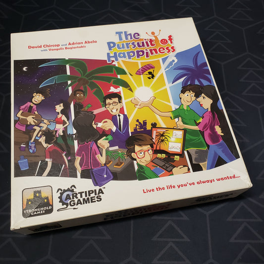 Image shows the front cover of the box for the board game The Pursuit of Happiness