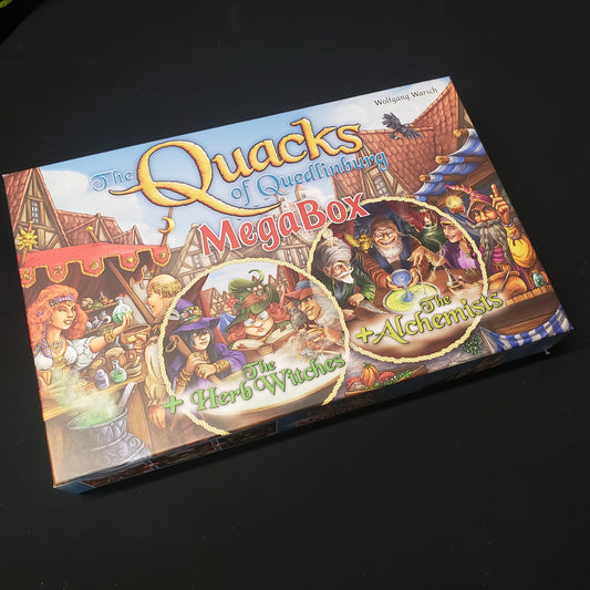 Image shows the front cover of the box for the MegaBox edition of the board game The Quacks of Quedlinburg