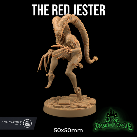 Image shows a 3D render of an undead jester gaming miniature