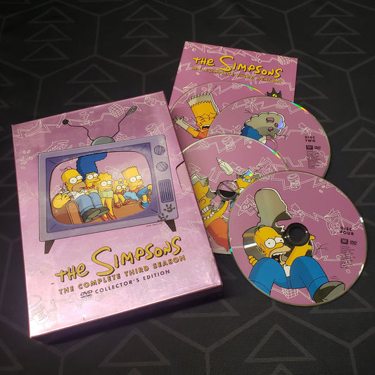 Image shows the case, booklet & four discs for the third season of The Simpsons on DVD