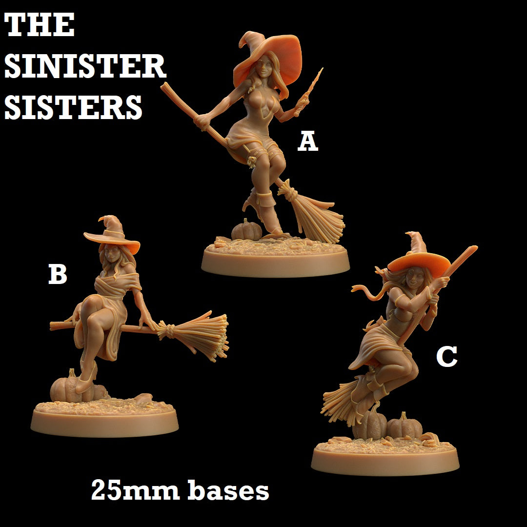 Image shows 3D renders of three different sculpt options for a witch on a broomstick gaming miniature