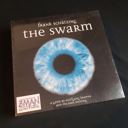 Image shows the front cover of the box of the Swarm board game