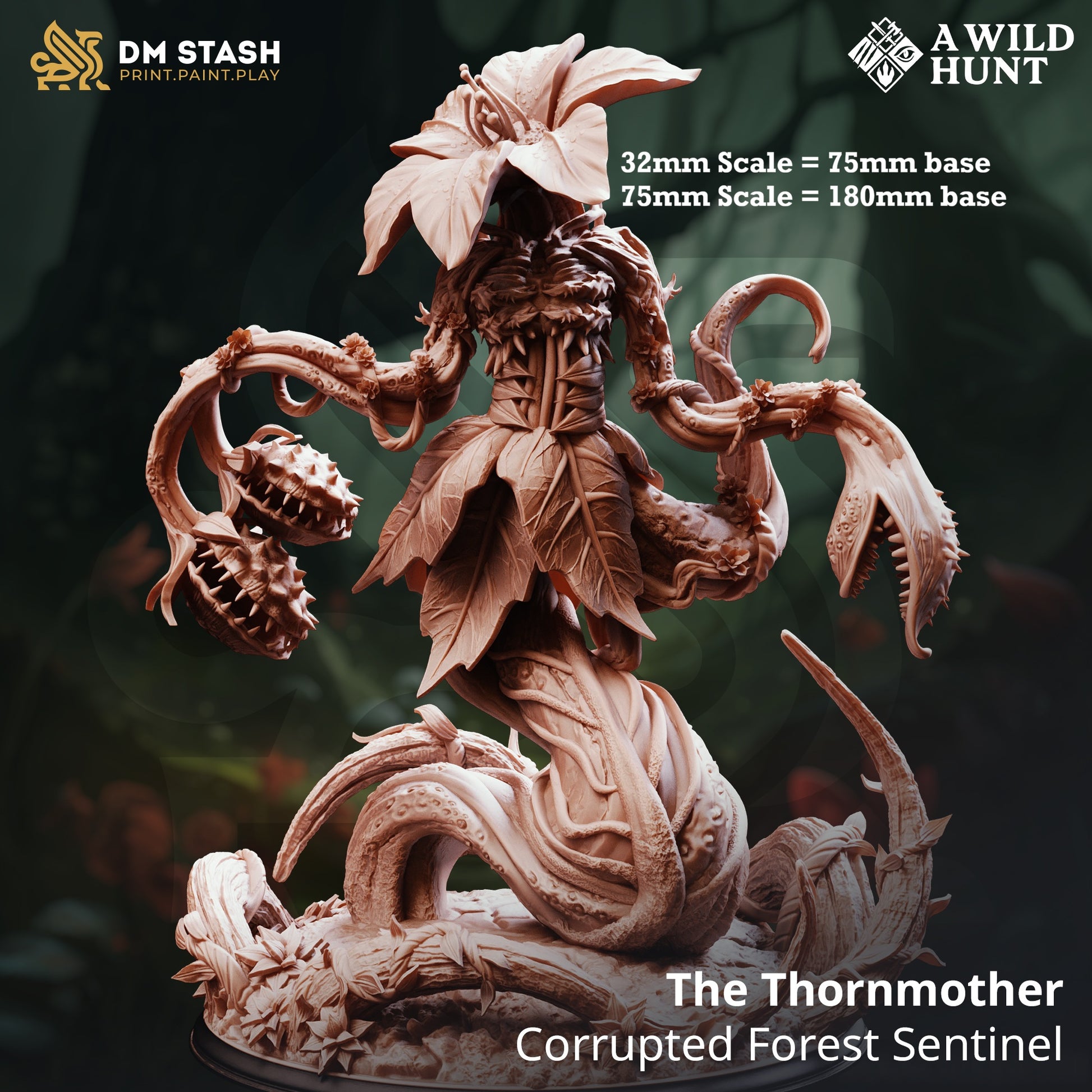 Image shows a 3D render of a flower and vine beast gaming miniature.