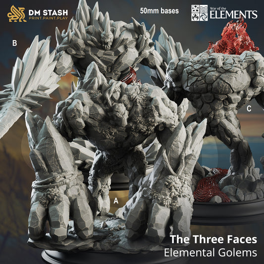 Image shows 3D renders for three different sculpt options of a elemental golem gaming miniature