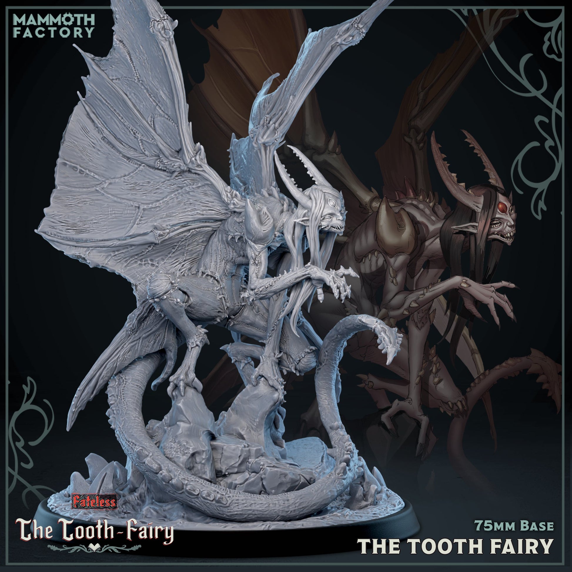Image shows a 3D render of a horrific tooth fairy gaming miniature.