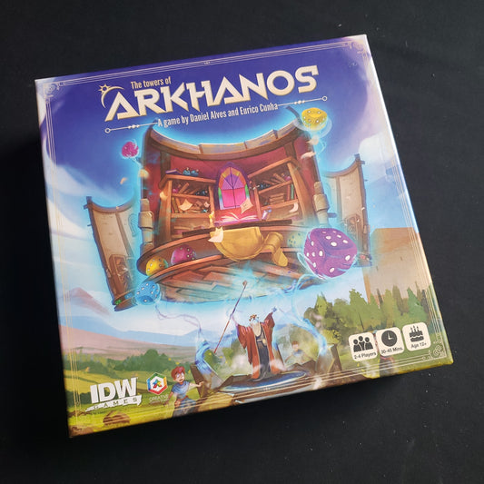 Image shows the front cover of the box of the Towers of Arkhanos board game