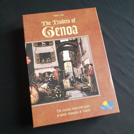 Image shows the front cover of the box of the Traders of Genoa board game