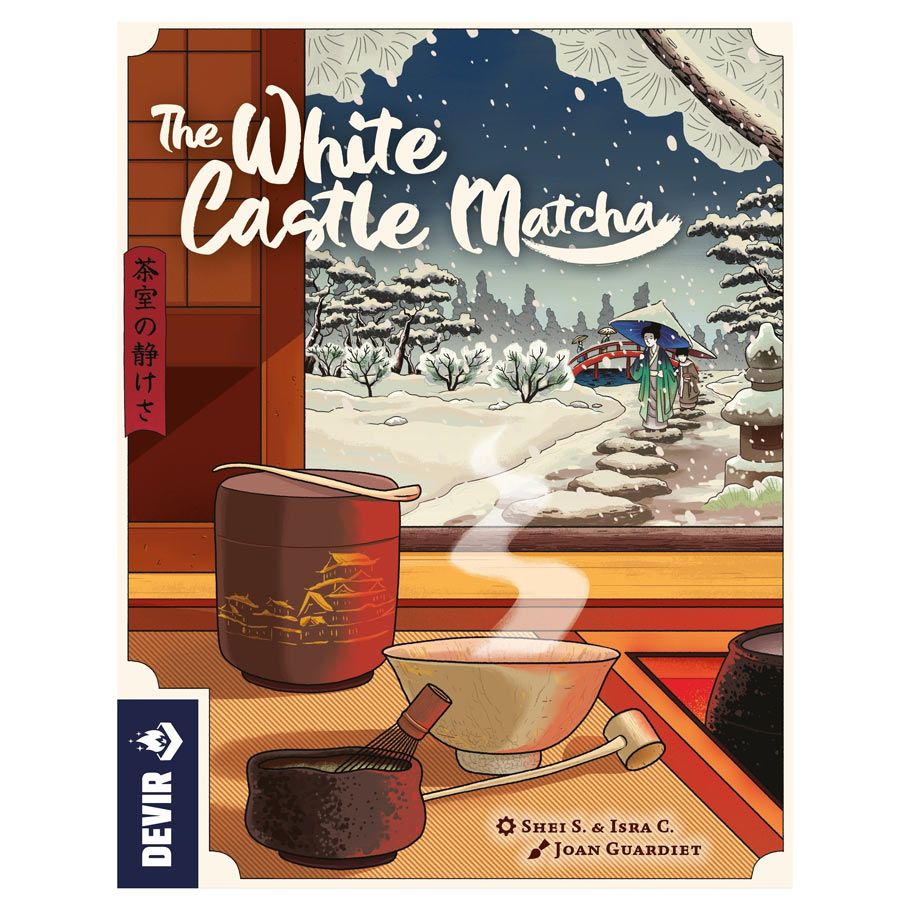 Image shows the front cover of the box of the Matcha expansion for the board game The White Castle