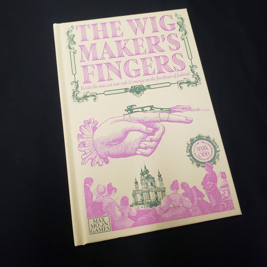 Image shows the front cover of the Wigmaker's Fingers roleplaying game book