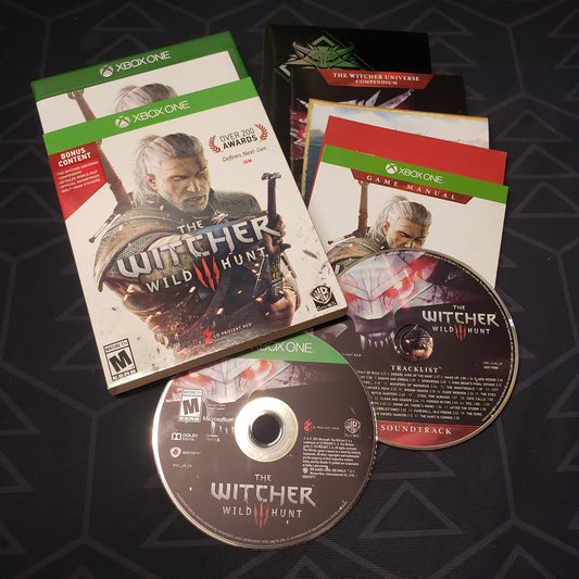 Image shows the case, sleeve, inserts and two discs for the video game The Witcher III: Wild Hunt for Xbox One