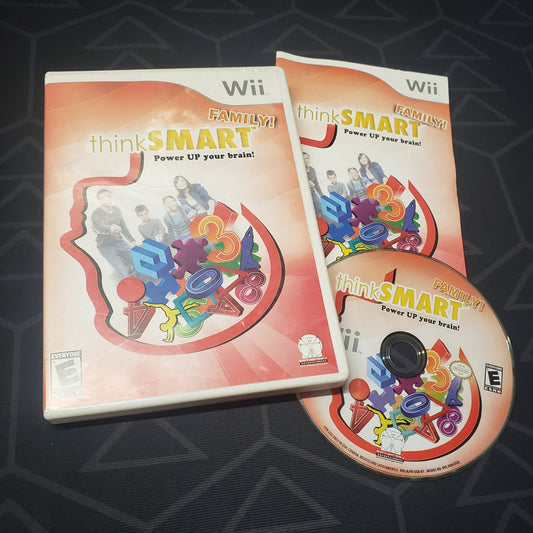 Image shows the case, manual and disc for the video game Thinksmart Family! for Nintendo Wii