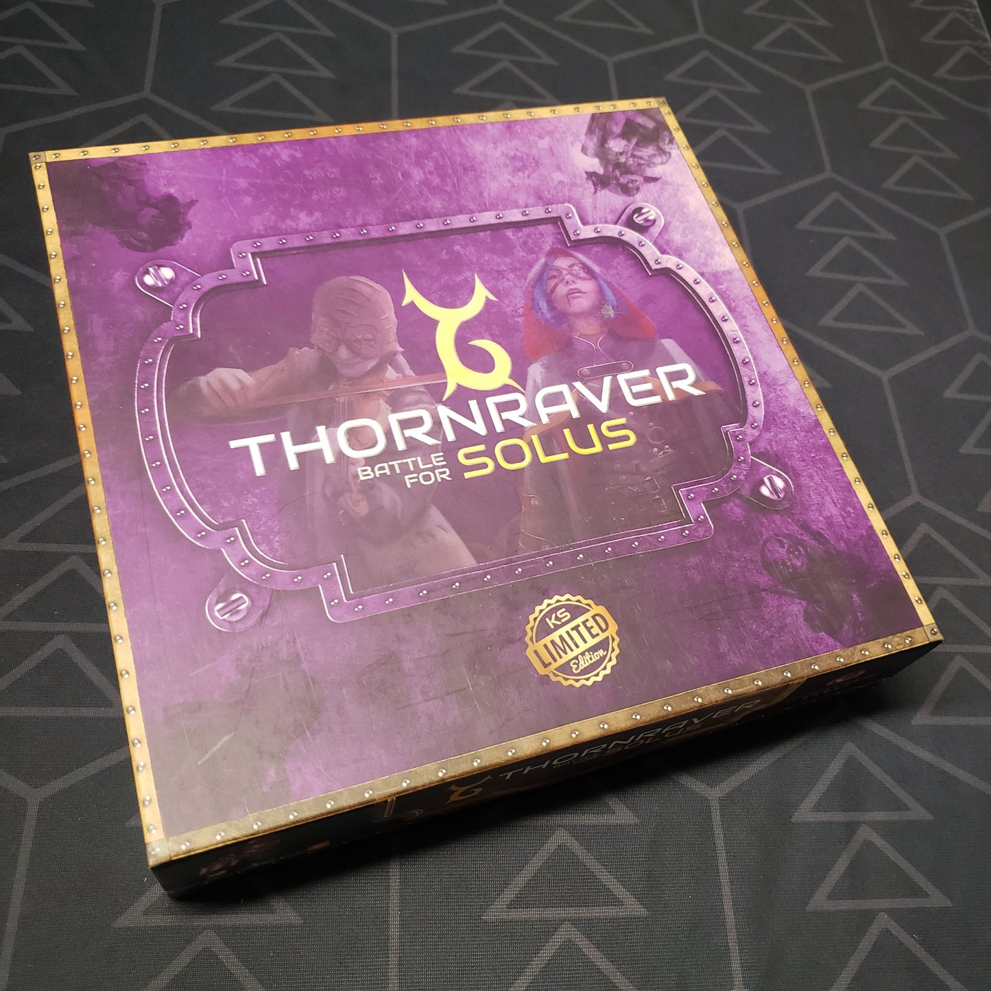 Image shows the front cover of the box for the Thornraver: Battle for Solus board game