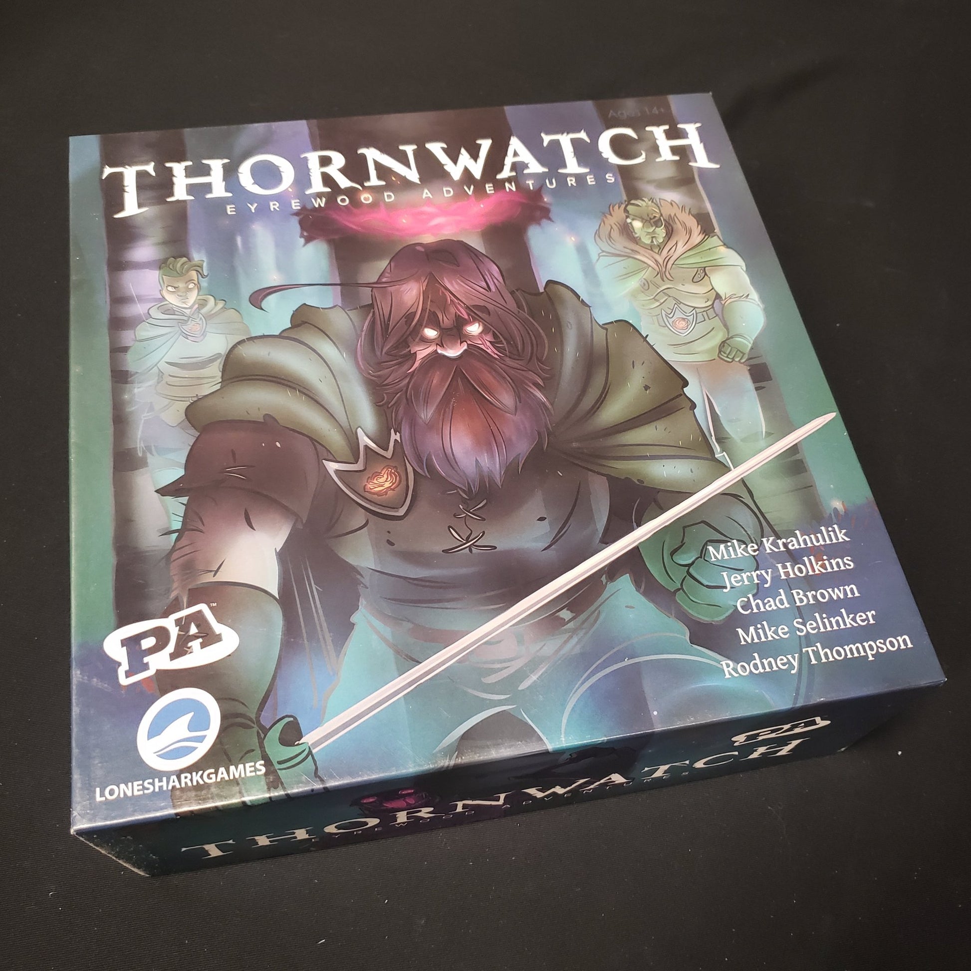 Image shows the front cover of the box of the Thornwatch board game