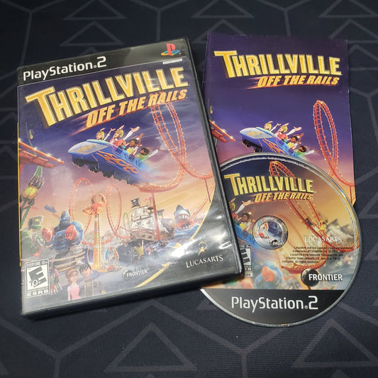 Image shows the case, manual & disc for the video game Thrillville: Off the Rails for Playstation 2