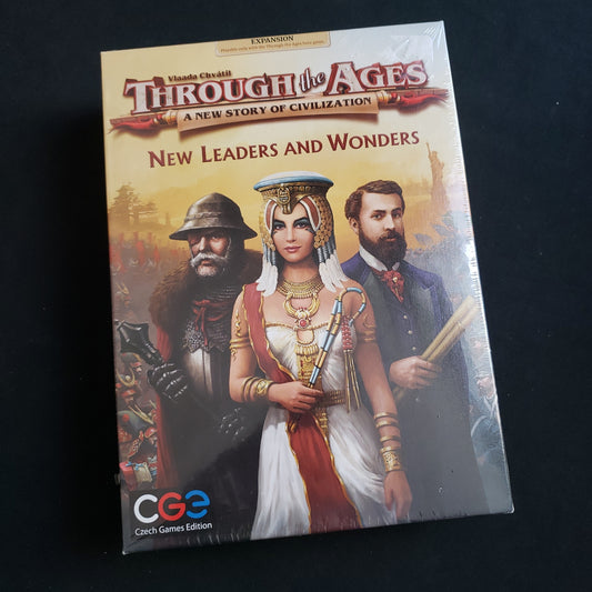 Image shows the front cover of the box of the New Leaders and Wonders expansion for the board game Through the Ages