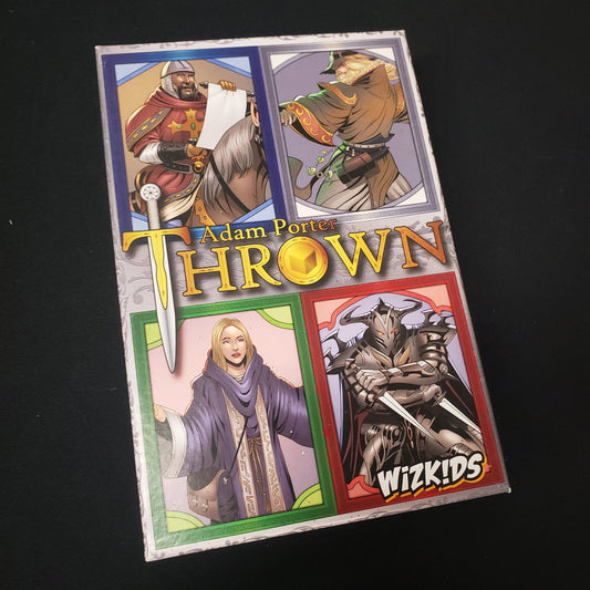 Image shows the front cover of the box of the Thrown board game