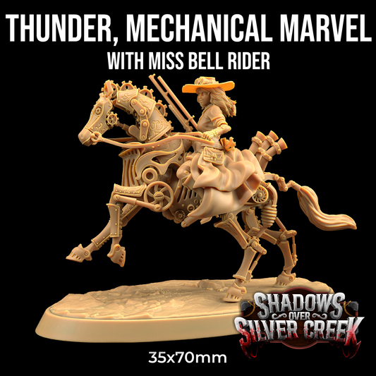 image shows a 3D render of a gaming miniature showing a gunslinger riding a mechanical steampunk horse