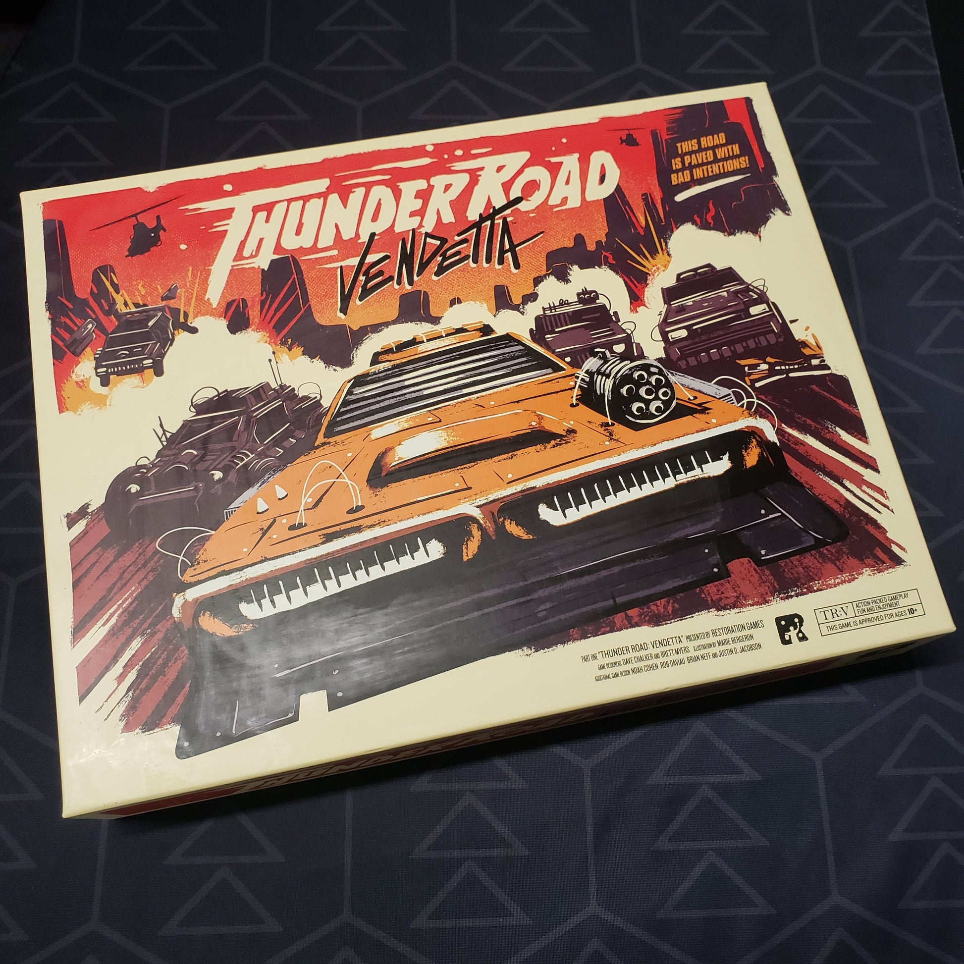 Image shows the front cover of the box for the Thunder Road: Vendetta board game