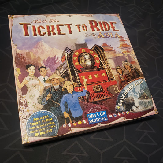 Image shows the front cover of the box of the Map Collection 1: Asia + Legendary Asia expansion for the board game Ticket to Ride