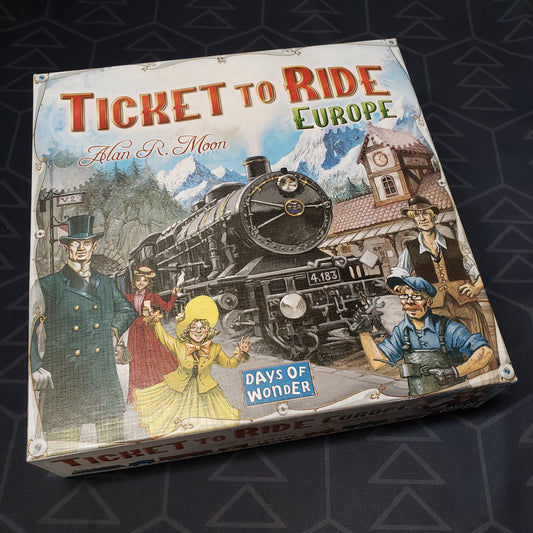 Image shows the front cover of the box of the Ticket to Ride: Europe board game