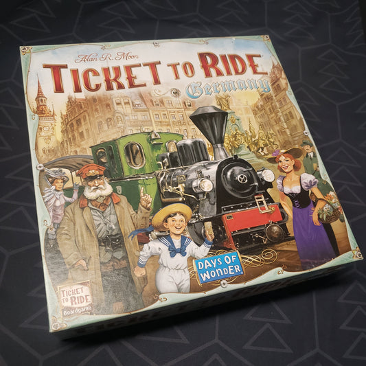 Image shows the front cover of the box for the Ticket to Ride: Germany board game