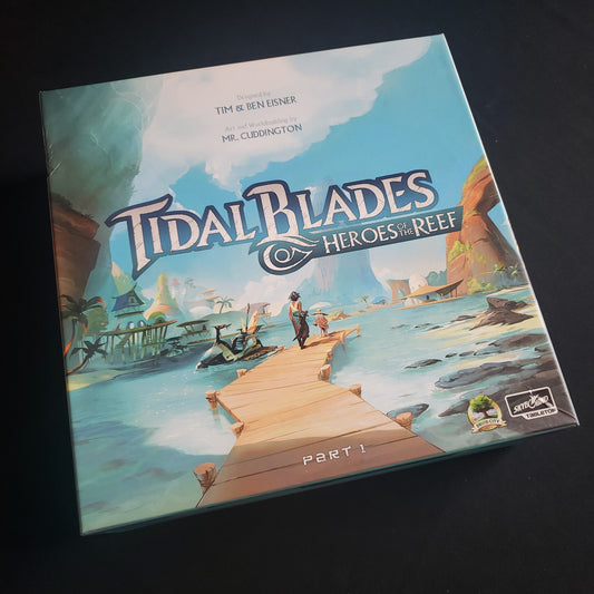 Image shows the front cover of the box of the Tidal Blades: Heroes of the Reef board game