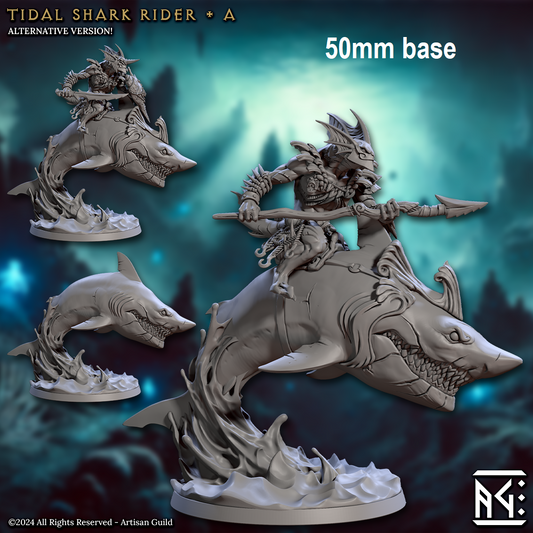 Image shows 3D renders of two different sculpt options for a gaming miniature of a merfolk warrior riding a shark