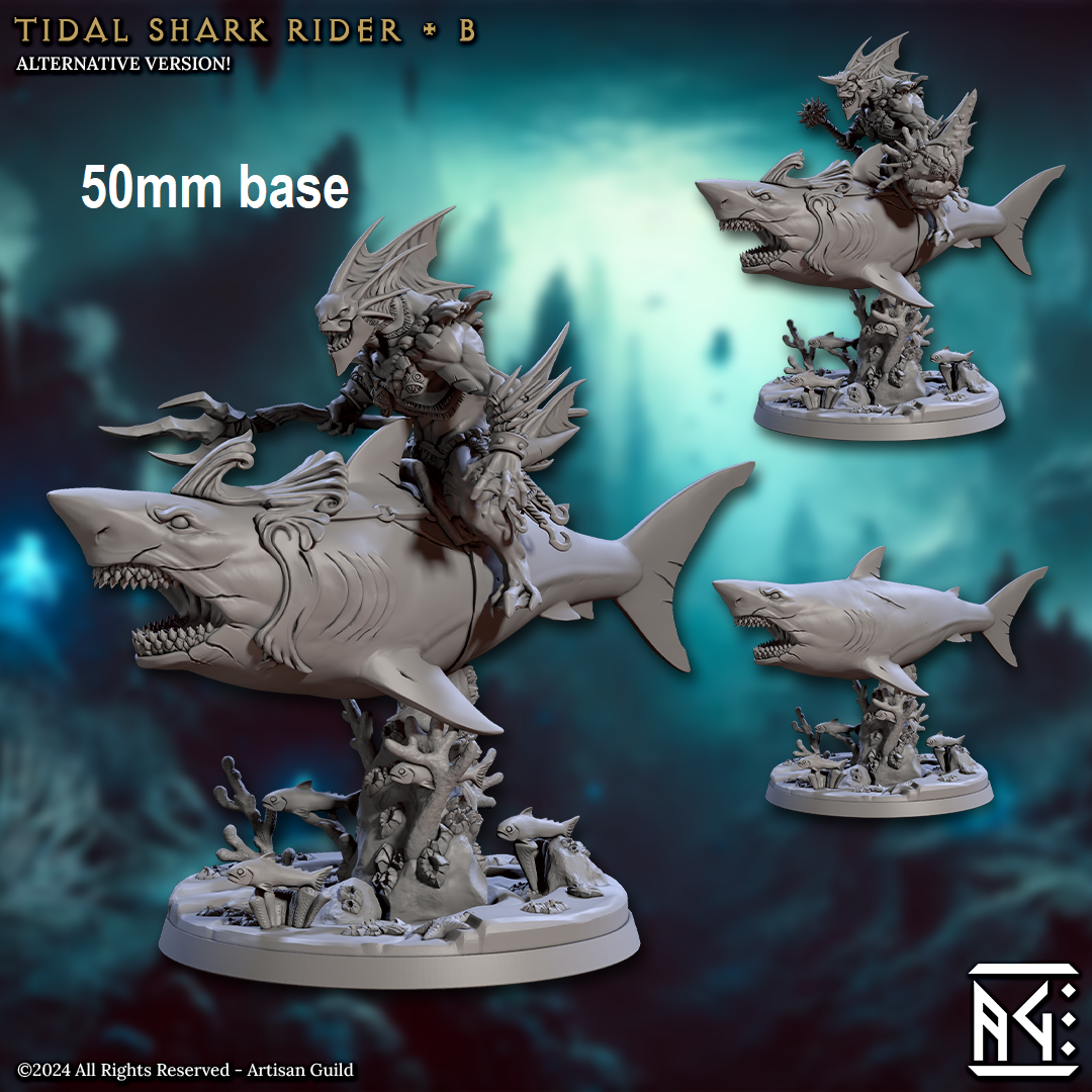 Image shows 3D renders of two different sculpt options for a gaming miniature of a merfolk warrior riding a shark