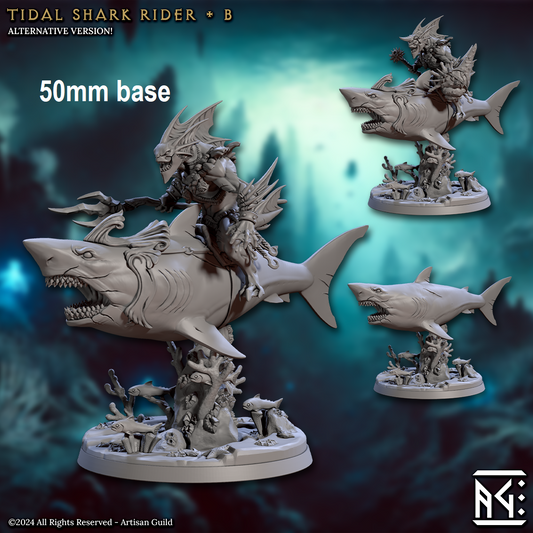 Image shows 3D renders of two different sculpt options for a gaming miniature of a merfolk warrior riding a shark