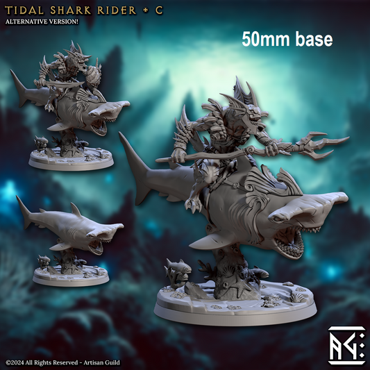 Image shows 3D renders of two different sculpt options for a gaming miniature of a merfolk warrior riding a shark