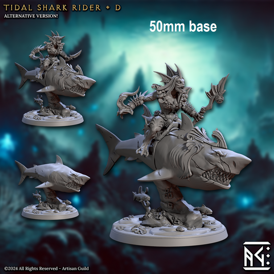 Image shows 3D renders of two different sculpt options for a gaming miniature of a merfolk warrior riding a shark