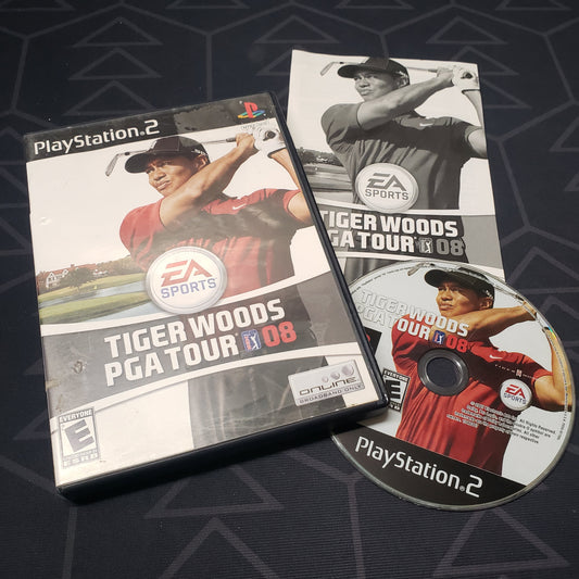 Image shows the case, manual and disc for the video game Tiger Woods PGA Tour 08 for Playstation 2