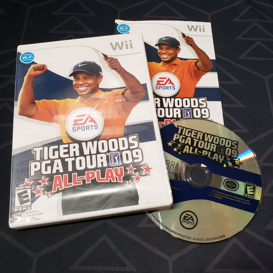 Image shows the case, manual and disc for the video game Tiger Woods PGA Tour 09 All-Play for Nintendo Wii
