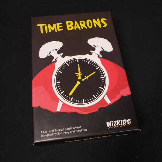 Image shows the front cover of the box of the Time Barons card game