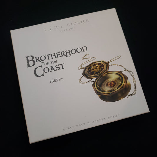Image shows the front cover of the box of the Brotherhood of the Coast expansion for the board game TIME Stories