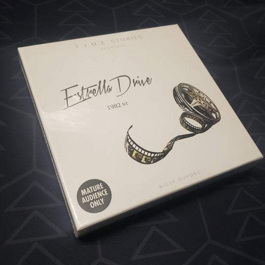 Image shows the front cover of the box of the Estrella Drive expansion for the board game T.I.M.E Stories