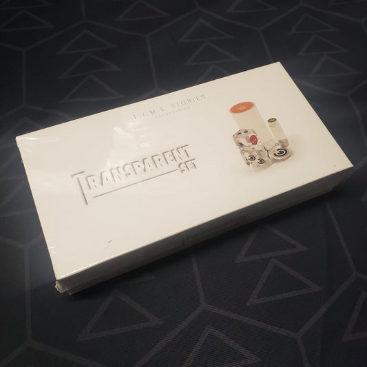 Image shows the front cover of the box of the Transparent Set expansion for the board game T.I.M.E Stories