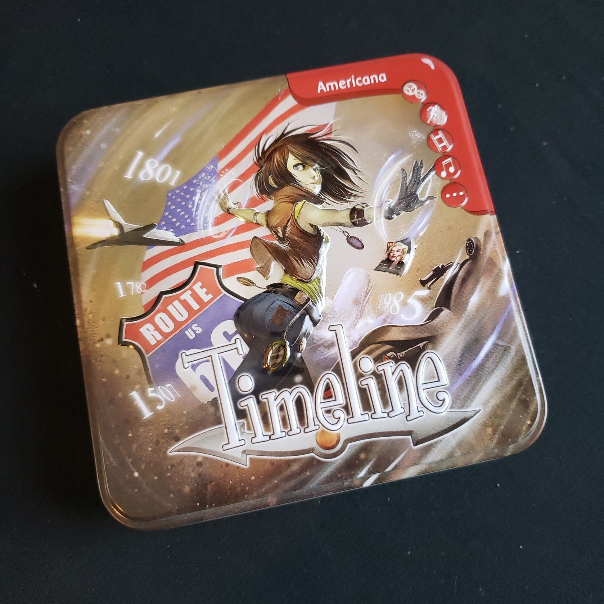 Image shows the front cover of the box of the Timeline: Americana card game