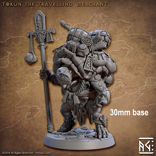 Image shows an 3D render of a turtle merchant gaming miniature