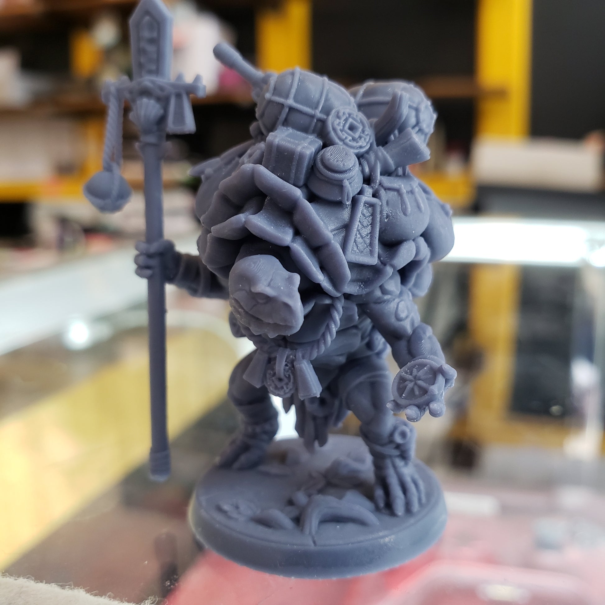 Image shows an example of a 3D printed turtle merchant gaming miniature printed in-house at All Systems Go