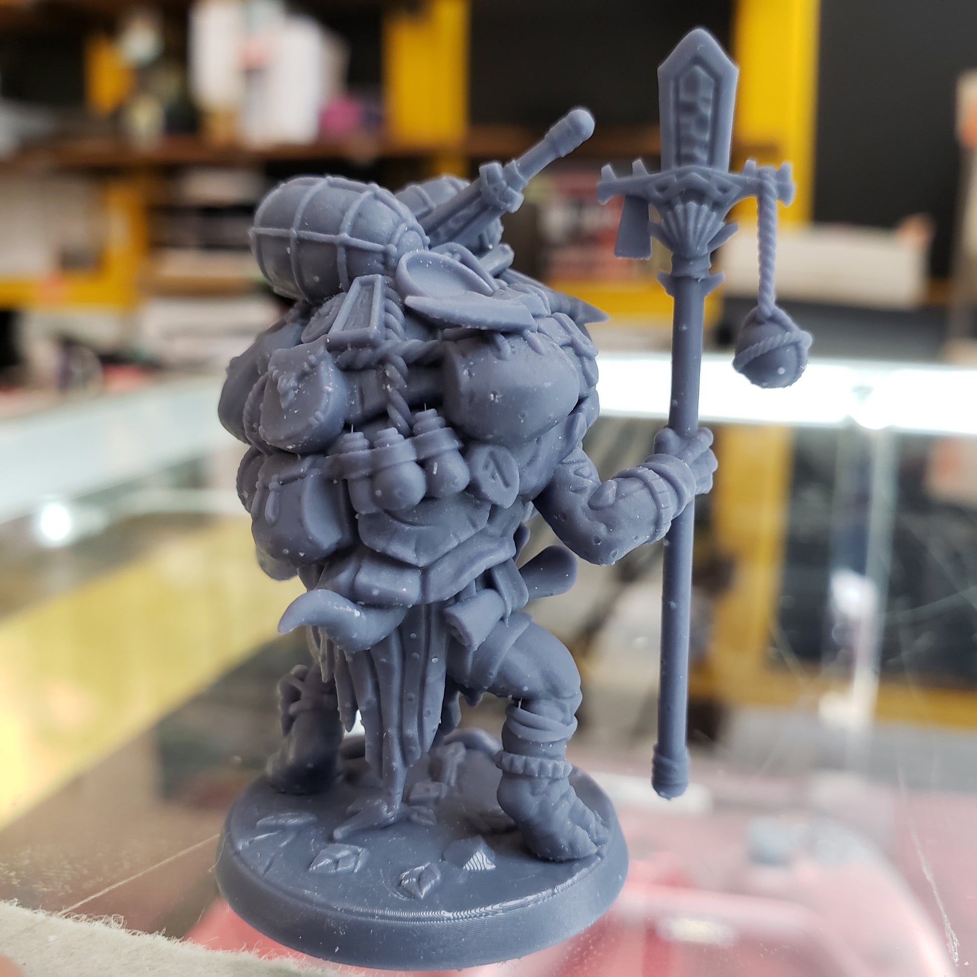 Image shows an example of a 3D printed turtle merchant gaming miniature printed in-house at All Systems Go